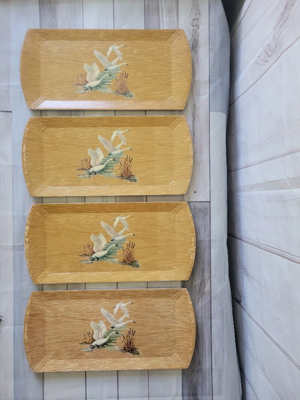 Vintage MCM Coronet Haskelite Lithograph Paper TV Trays w/ Swans, Lot of 4 wood